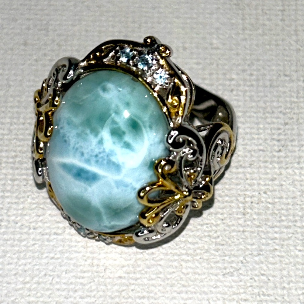 Gems en Vogue Sterling 18K Accent Genuine Larimar Blue Topaz Gemstone Ring Boho - Picture 2 of 12